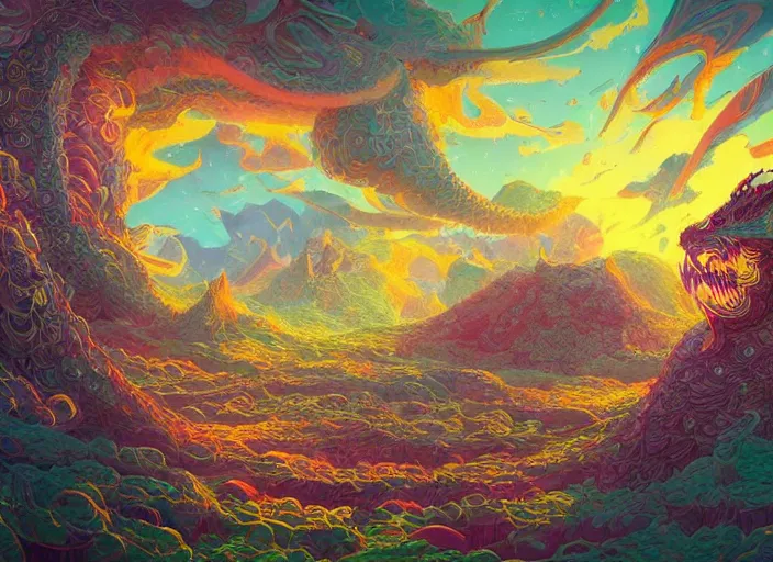 Image similar to psychedelic concept art of a dragon landscape made of thousands of spiraling dragons, cel shaded, in the style of makoto shinkai and moebius and peter mohrbacher and anton fadeev