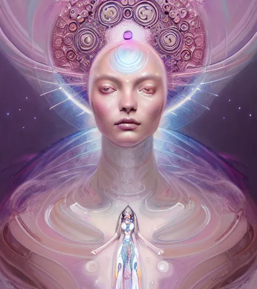 Image similar to porttait of a beautiful celestial Italian Mexican pearlescent interstellar Goddess wearing a futuristic slim dress exposed in cryo chambers by James Jean, pink and white theme, intricate, elegant, highly detailed, centered, digital painting, artstation, concept art, smooth, sharp focus, illustration, by Peter Mohrbacher, WLOP