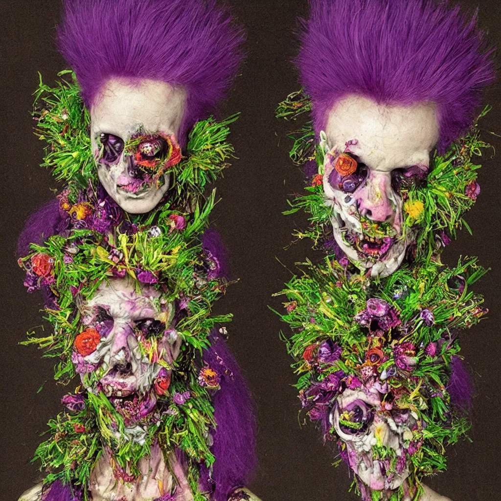 Image similar to a portrait of a punk rock zombie, full head and shoulders visible, purple mohawk, skin blossoming with crystals fruit and flowers, Baroque, art by Arcimboldo, art by Fragonard, expressionistic, neon green background