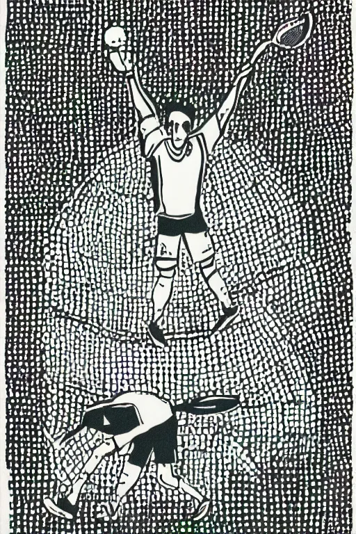 Image similar to an illustration of a tennis match by Marcel Dzama. Screen Printed. Paper texture