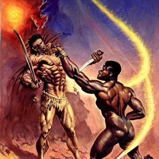 Prompt: a muscular warrior from sub - saharan africa, holding a spear and fighting a monster of cosmic horror. frank frazetta, earl norem, bob larkin.