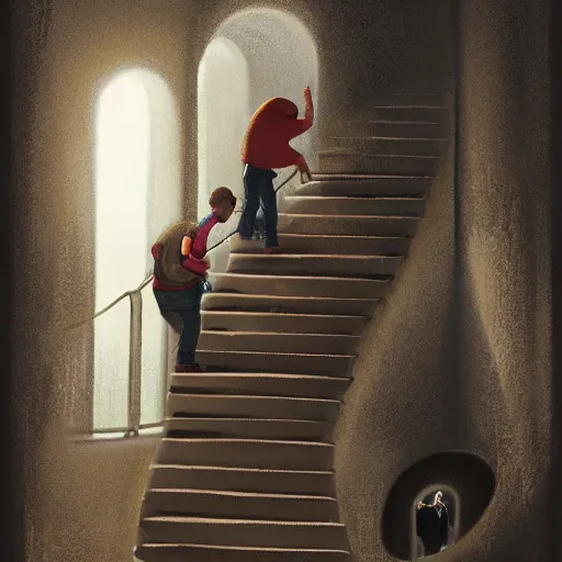 Image similar to a man going into heaven with his wife and children through stairs which is connecting his house to heaven , concept art trending on artstation, glowing effect, golden ratio, rule of thirds, illustration, digital painting, hyperreal, hyperdetailed, 8k