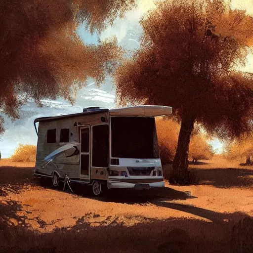 Image similar to an rv under a cottonwood tree, dramatic lighting, illustration by greg rutkowski, yoji shinkawa, 4 k, digital art, concept art, trending on artstation