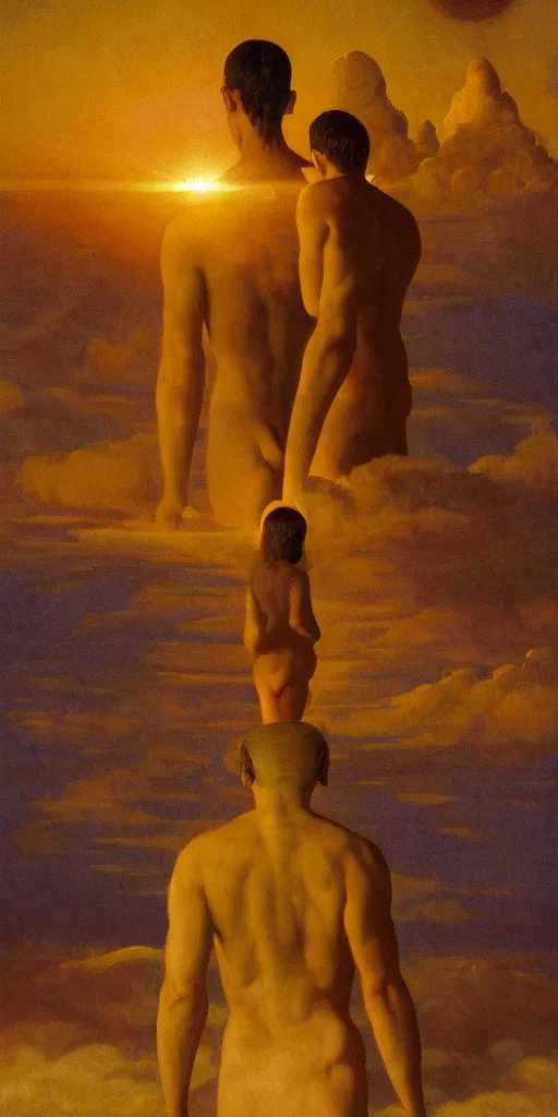 Prompt: symmetry!! god overlooking a surreal landscape of a dream, lucid dream, people, very detailed, serene, peaceful, golden hour, perfect lighting, perfect composition, digital art, illustration, frederic edwin church, giorgio de chirico, 4 k