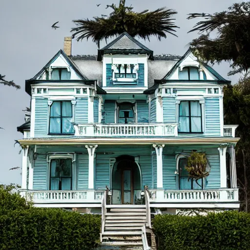 Prompt: a victorian style 2 story house on top of a hill surrounded by an ocean full of sharks