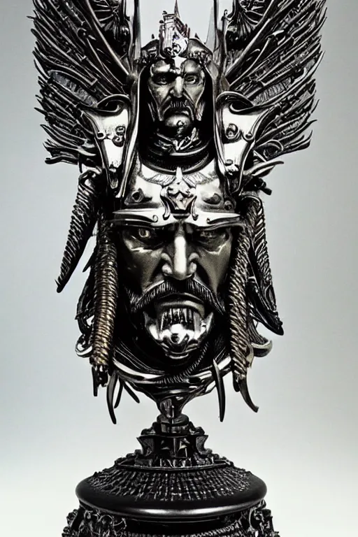 Prompt: a dramatic full-color art nouveau and ironpunk styled bust portrait of lemmy kilmister as a godlike and stoic alien king, with strong judging eyes, extremely detailed, art nouveau cybenetic engraved armor and intricately detailed angel-winged crown of cosmic power, perfectly symmetrical facial structure and framework, handsome yet brutal alien facial features of ancient swarth, by simon bisley, michael kaluta and travis charest, dark sci-fantasy, deeply ornate complexity, male face and bust, human anatomy mixed with cosmic alien and cyborg characteristics, sci-fi character concept, photorealism, art nouveau framing, stunning lighting, hyperrealism, 8k