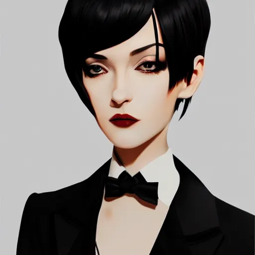 Image similar to slim girl in tuxedo with short black hair, elegant, 2d, ultra highly detailed, digital painting, smooth, sharp focus, artstation, art by Ilya Kuvshinov