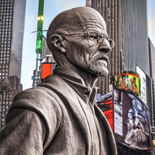 Image similar to extreme long - shot photograph of a renaissance clay sculpture of walter white wearing a phrygian cap in times square, made by michelangelo, hyper detailed, sharp focus, 8 k resolution, ray tracing