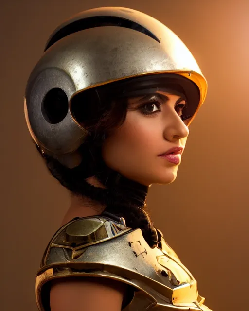 Image similar to centered medium shot fine studio photograph of a beautiful persian girl wearing only a mecha electronic Babylonia helmet with bright lights, ultra-realistic, white background, 8k HDR sunset lit, intricate