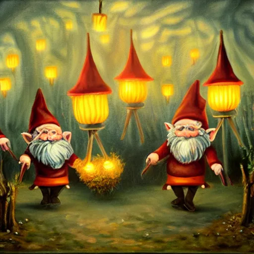 Prompt: painting of group of funny gnomes woth lanterns, forest of mushrooms, nighttime, oil painting