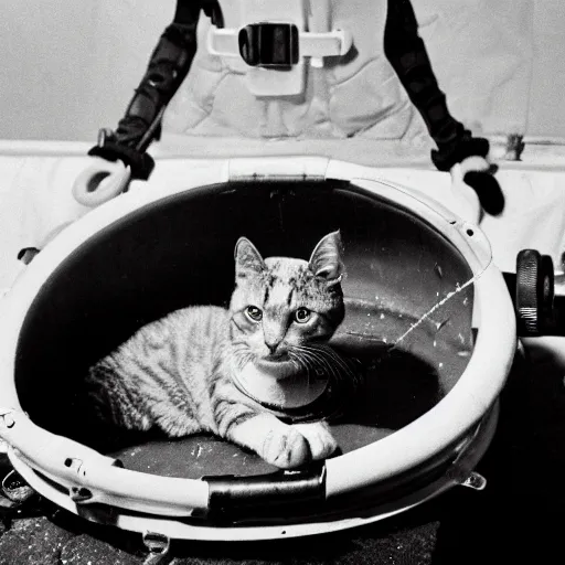 Image similar to photograph of cat wearing diving gear swimming in a vat of acid