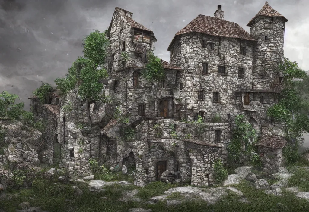 Image similar to a medieval stone house in a mountain near a river, extremely highly detailed, high quality, 8k HDR, trending on Artstation, concept art, cinematic lighting, DeviantArt, cartoon, anime style