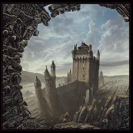 Image similar to a lonely and impossibly tall ominous palace dark citadel tower of the evil patriarch, battlements, castle wall, portcullis, on a plateau island in a river elevated high above the city, flintlock fantasy capital city, scary gothic architecture, ultrawide lense, aerial photography, unreal engine, exquisite detail, 8 k, art by greg rutkowski and alphonse mucha