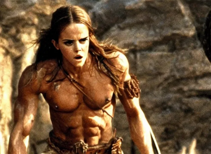 Prompt: still of muscular emma watson in conan the barbarian directed by frank frazetta, high resolution