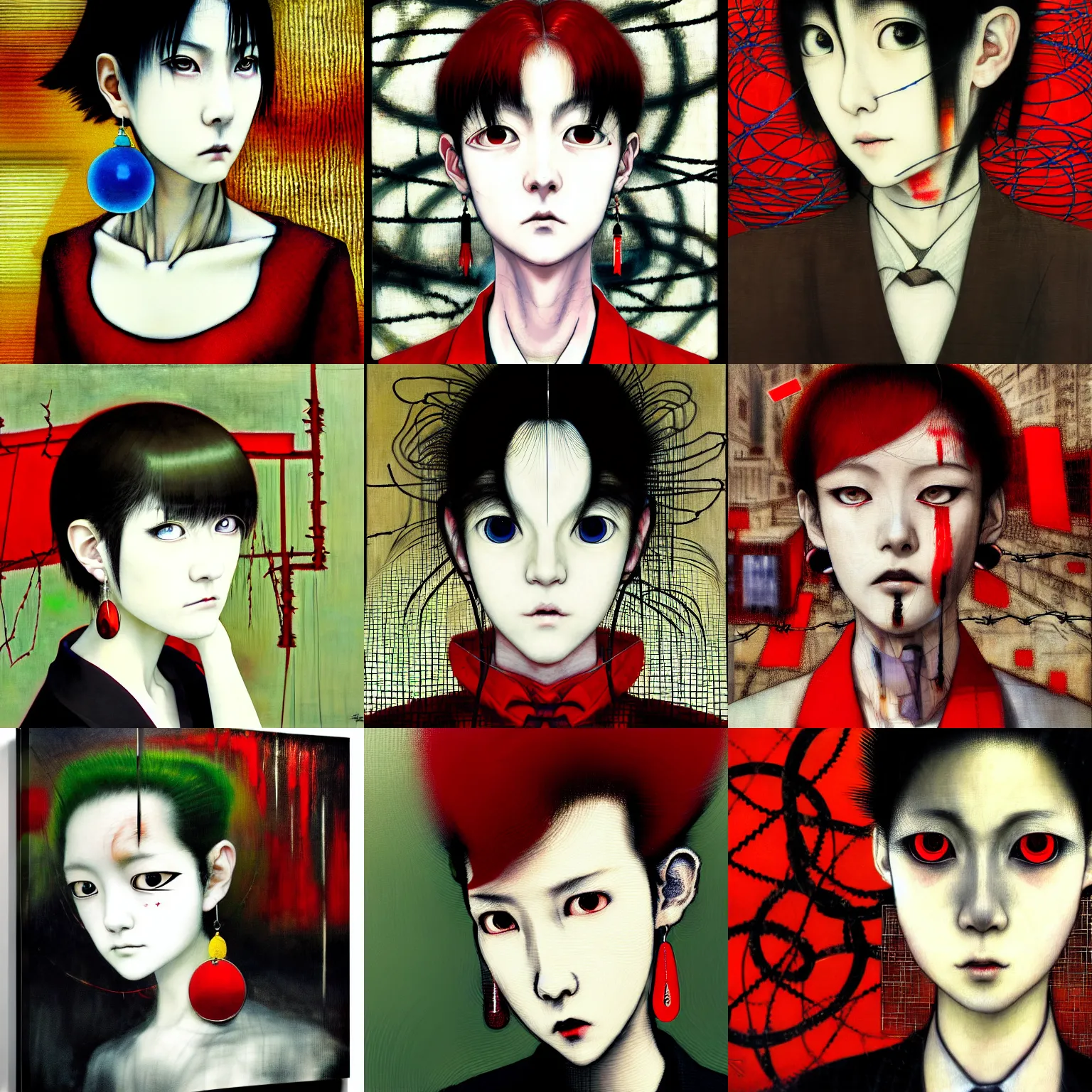 Image similar to yoshitaka amano blurred and dreamy realistic three quarter angle portrait of a sinister young woman with short hair, big earrings, barbed wire and red eyes wearing office suit with tie, junji ito abstract patterns in the background, satoshi kon anime, noisy film grain effect, highly detailed, renaissance oil painting, weird portrait angle, blurred lost edges