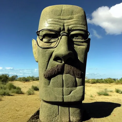 Prompt: walter white as a moai statue