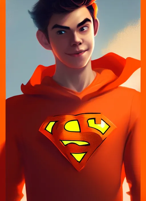 Image similar to kind teenage archie andrews wearing an orange superhero costume, superhero costume with heart emblem, intricate, elegant, glowing lights, highly detailed, digital painting, artstation, sharp focus, illustration, art by wlop, mars ravelo and greg rutkowski