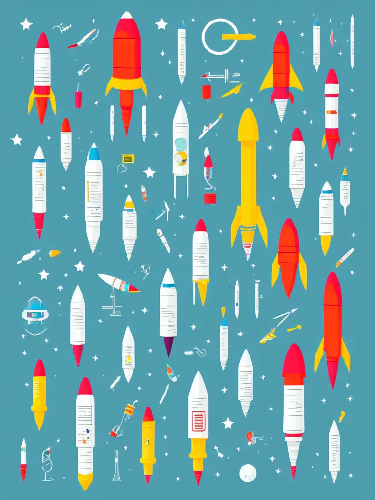 Image similar to editorial illustration scientific lab test tube telescope microscope astronaut rocket, colorful modern, mads berg