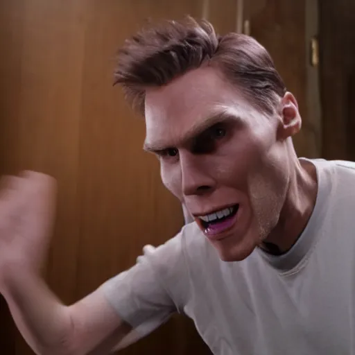 Image similar to Live Action Still of Jerma in Psycho, real life, hyperrealistic, ultra realistic, realistic, highly detailed, epic, HD quality, 8k resolution, body and headshot, film still