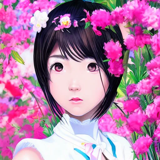 Image similar to little chinese girl with flowers in hair wearing an white dress. art by ilya kuvshinov, profile picture, inspired in hirohiko araki, realistic, highly detailed, 8 0 s anime art style, vogue cover