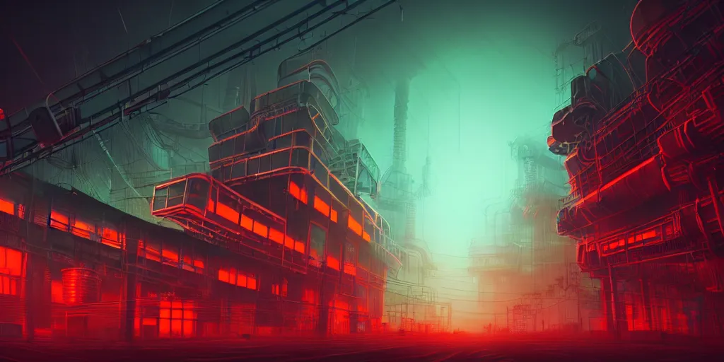 Prompt: a low angle photography of a big giant ominous industrial, futuristic cyberpunk factory at cloudy night with green and orange and red light and pipes and cables with a big chinese character neon sign + with fog + corporation + artstation photorealistic concept art