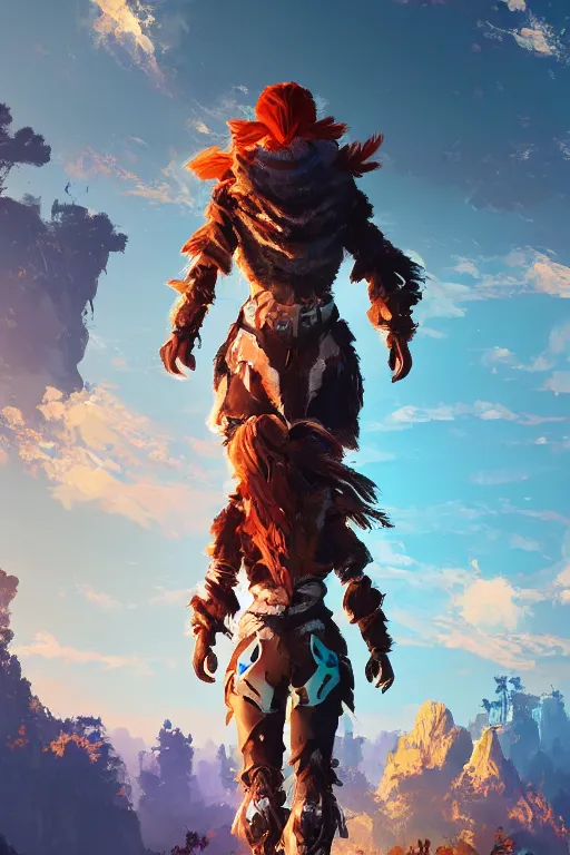 Image similar to combination suit armor aloy horizon forbidden west horizon zero dawn radiating a glowing aura global illumination ray tracing hdr fanart arstation by ian pesty and alena aenami artworks in 4 k tribal robot ninja mask helmet backpack