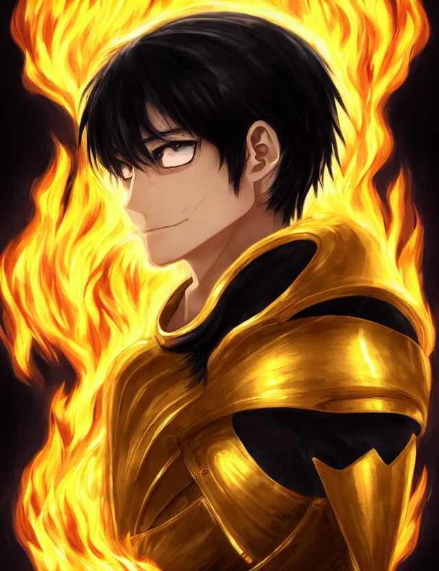 Image similar to a detailed manga portrait of a black haired man with hazel eyes in gleaming golden armour that burns with golden fire, trending on artstation, digital art, 4 k resolution, detailed, high quality, sharp focus, hq artwork, coherent, insane detail, character portrait