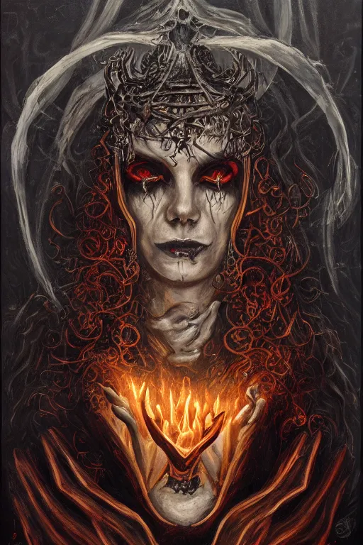 Image similar to portrait of an sinister mysterious prophetic bright cult leader performing a dark sacrifice, oil on canvas, fantasy, gothic style, ornate, elegant, highly detailed, surreal, concept art, trending on artstation