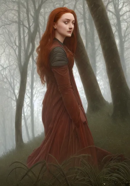 Prompt: portrait of sansa stark in foggy forest, autumn, november, intricate, elegant, highly detailed, digital painting, artstation, concept art, smooth, sharp focus, illustration, art by artgerm and greg rutkowski and alphonse mucha and william - adolphe bouguereau