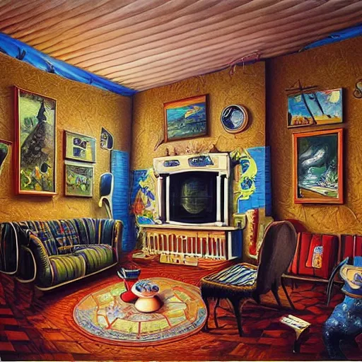 Image similar to a painting of a living room, a surrealist painting by jacek yerka, cgsociety, fantastic realism, surrealist, detailed painting