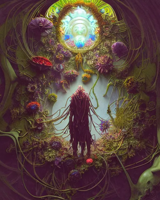 Image similar to the platonic ideal of flowers, rotting, insects and praying of cletus kasady carnage davinci dementor chtulu mandelbulb mandala ponyo dinotopia the witcher, fantasy, ego death, decay, dmt, psilocybin, concept art by randy vargas and greg rutkowski and ruan jia and alphonse mucha