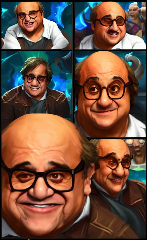 Image similar to Danny DeVito as a character in the game League of Legends, with a background based on the game League of Legends, detailed face, old 3d graphics