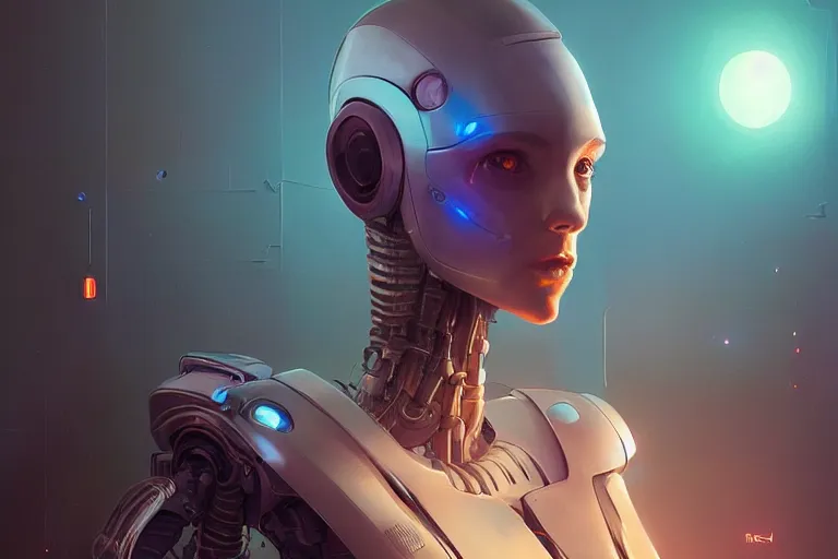 Image similar to highly detailed surreal vfx portrait of a robot android, stephen bliss, unreal engine, greg rutkowski, loish, rhads, beeple, makoto shinkai and lois van baarle, ilya kuvshinov, rossdraws, tom bagshaw, global illumination, detailed and intricate environment