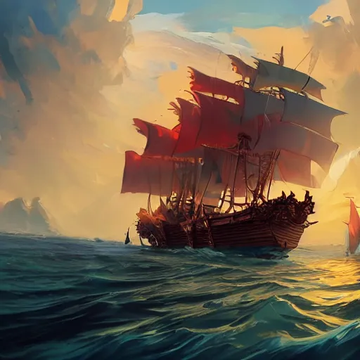 Image similar to a large pirate ship floating on top of a body of water, pirates flag , cgsociety, fantasy art, 2d game art, concept art , ambient occlusion, behance hd , concept art by Jesper Ejsing, by RHADS, Makoto Shinkai Cyril Rolando