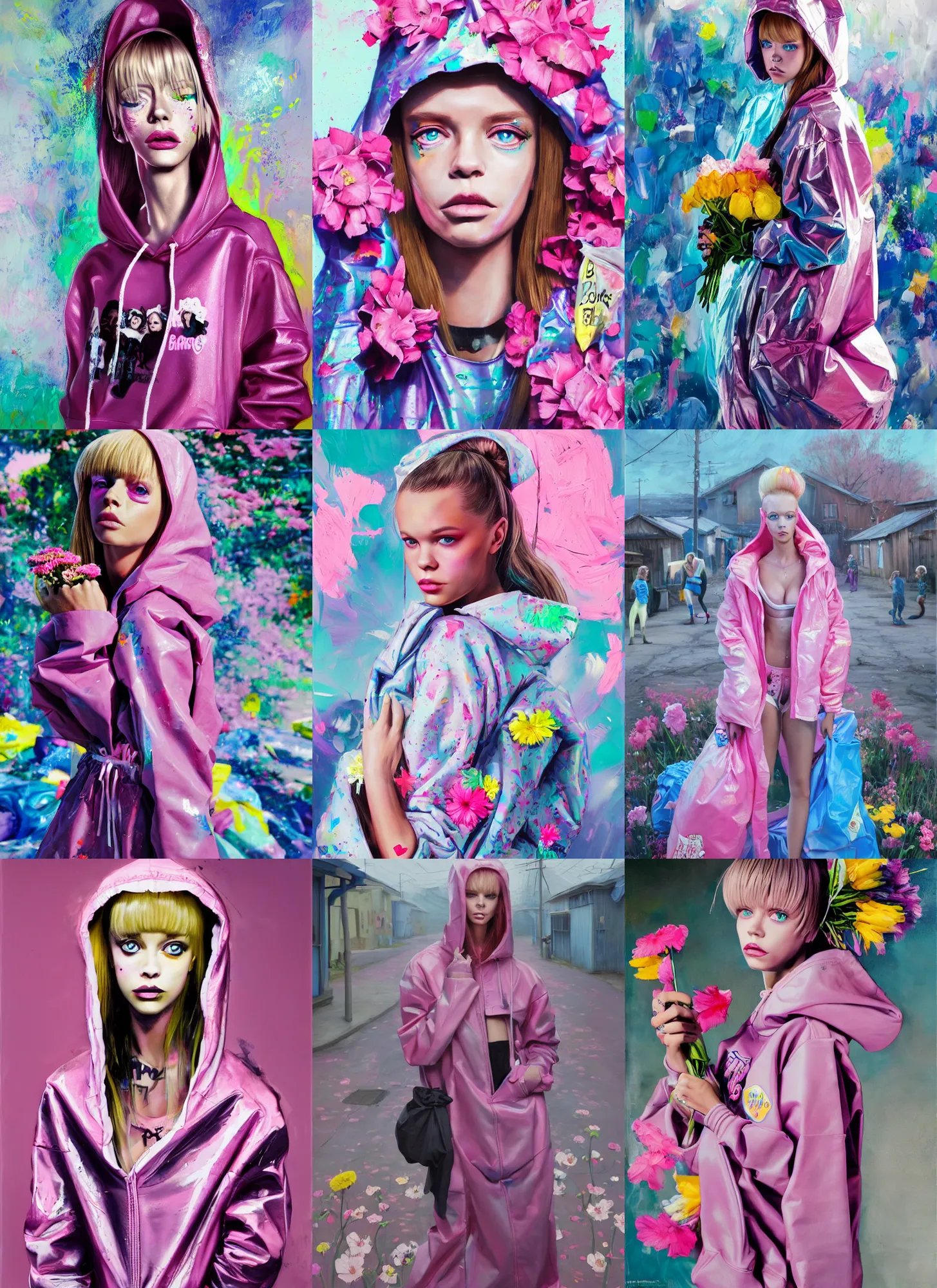 Image similar to still from music video of barbie palvin from die antwoord standing in a township street, wearing a trashbag hoodie garbage bag and flowers, street fashion, full figure portrait painting by martine johanna, ilya kuvshinov, rossdraws, pastel color palette, shiny plastic, detailed impasto brushwork, impressionistic