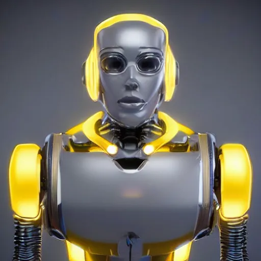 Image similar to still photo of a yellow robot, highly detailed, photorealistic portrait, bright studio setting, studio lighting, crisp quality and light reflections, unreal engine 5 quality render,