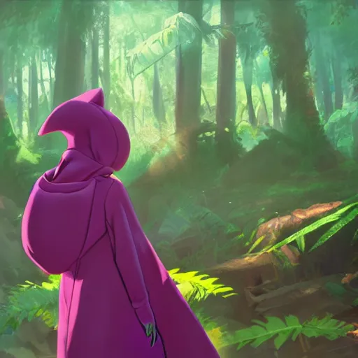 Prompt: concept art painting of an anthropomorphic lizard wearing magenta wizard robes, in the deep forest, realistic, detailed, cel shaded, in the style of makoto shinkai and greg rutkowski and james gurney