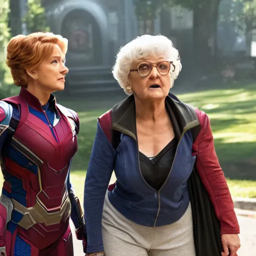 Prompt: Avengers Endgame (2019) played Rose and Dorthy from the Golden Girls, close up action, 8K, 4K, action shot, movie still, cinematic