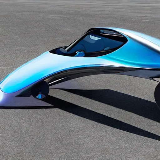 Image similar to a new design car with three wheels and a undercarriage swoops like a dolphin's belly. this reduces drag, or the force of air flowing against the motion of the vehicle is curved at the nose, wide along the sides and tapered toward the trunk like a small, speedy aircraft