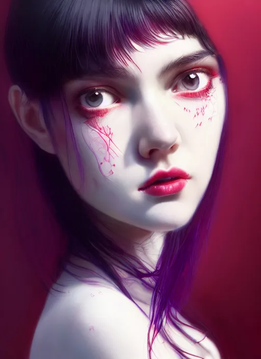 Image similar to portrait of teenage girl, red irises, bangs, black hair, black and white hair, white bangs, purple clothes, white bangs, bangs, black hair and white bangs, intricate, elegant, glowing lights, highly detailed, digital painting, artstation, concept art, smooth, sharp focus, illustration, art by wlop, mars ravelo and greg rutkowski