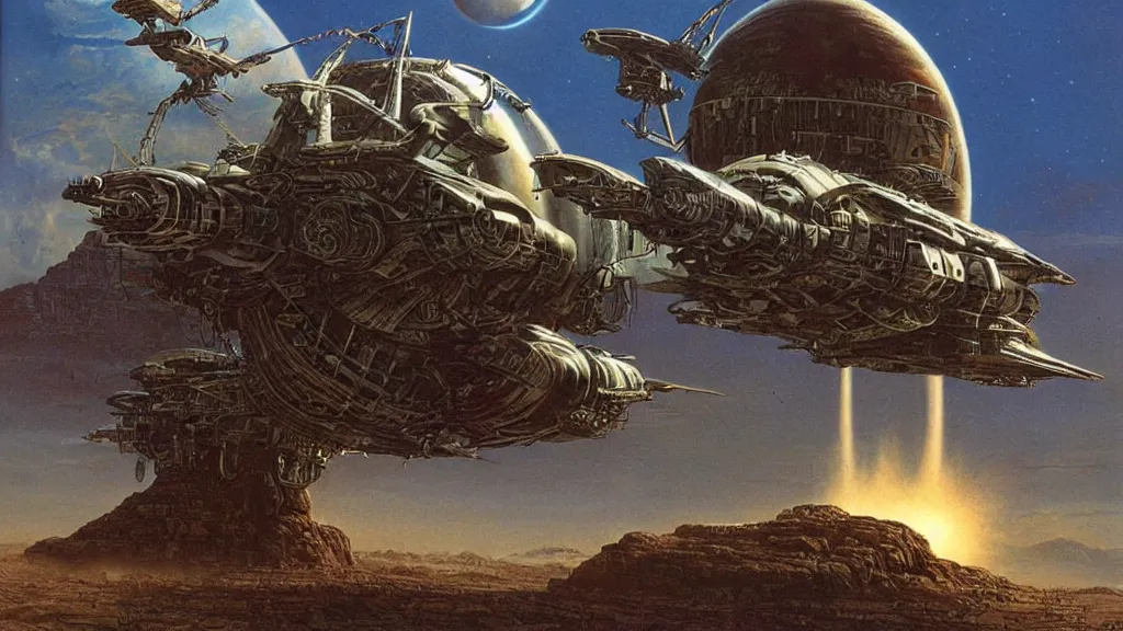 Prompt: organic dropship lander by michael whelan and bernie wrightson, epic cinematic matte painting