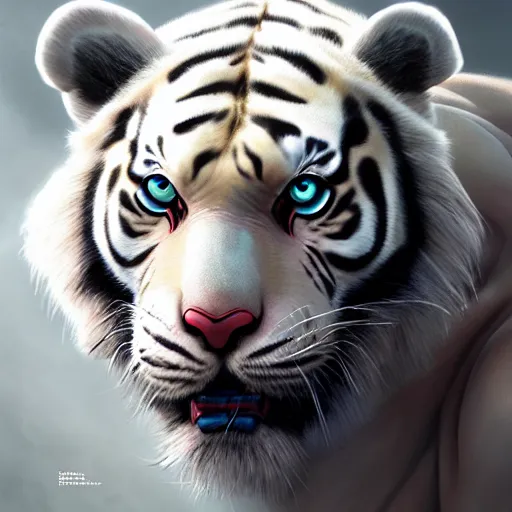 Image similar to a esthetic portrait commission of a muscular antrho albino tiger wearing the superman outfit,hyperdetailed face,character design by charlie bowater,ross tran,artgerm,makoto shibkai,photorealistic,western comic book art,film poster,deviantart,artstation