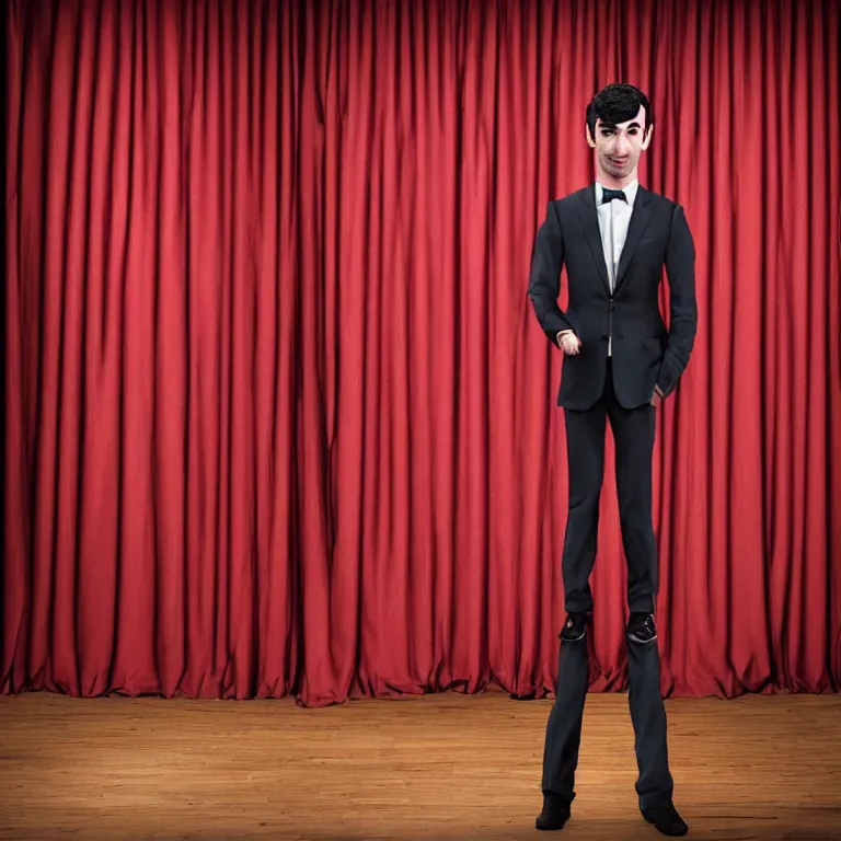 Image similar to dslr photograph of one nathan fielder from nathan for you on comedy central behind a puppet stage with a red curtain controlling a single marionette by the strings, high detail!!! 8 k photorealism sharp focus volumetric lighting, coherent!!! art directed