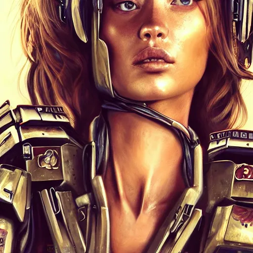 Image similar to portrait of a girl by simon bisley, mixture between doutzen kroes and gigi hadid, she is about 2 5 years old, long curly hair, very tall and slender, she is wearing a battle mech suit, highly detailed portrait, digital painting, artstation, concept art, smooth, sharp foccus ilustration, artstation hq