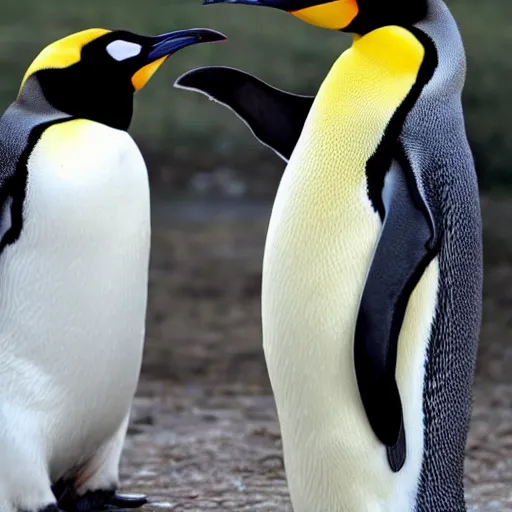 Prompt: an emperor penguin talking with a human boy