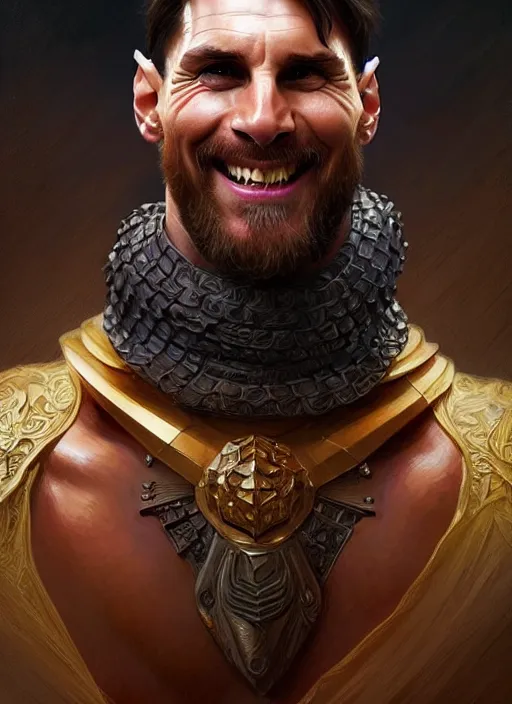 Image similar to portrait of aggressive smiling messi, d & d, muscular! fantasy, intricate, elegant, highly detailed, digital painting, artstation, concept art, smooth, sharp focus, illustration, art by artgerm and greg rutkowski and alphonse mucha