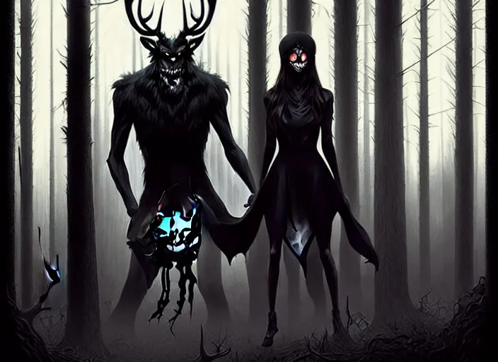 Prompt: style artgerm, joshua middleton, steve niles, diego fazio, marc simonetti : : scary wendigo with antlers and skull face mixed with werewolf : : [ beautiful witch wearing a black dress, symmetrical face, on the right side ] : : in the forest, detailed, dark and foggy, cinematic lighting