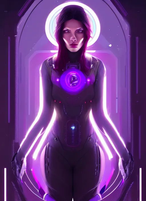 Image similar to symmetry portrait of a very beautiful caucasian young cyberpunk woman with dark purple hair, sci - fi, tech wear, glowing lights intricate, elegant, highly detailed, digital painting, artstation, concept art, smooth, sharp focus, illustration, art by artgerm and greg rutkowski and alphonse mucha