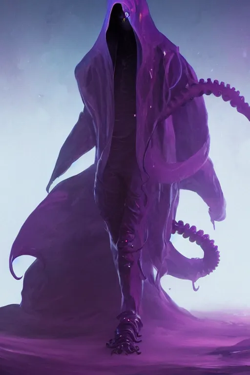 Image similar to A full body portrait of a mysterious character with no face with a very long hooded dark purple cloak tentacles coming out the ground art by Maciej Kuciara and Jason Chan, ominous, cosmic horror, trending on artstation, Ultra detailed, hyper realistic 4k