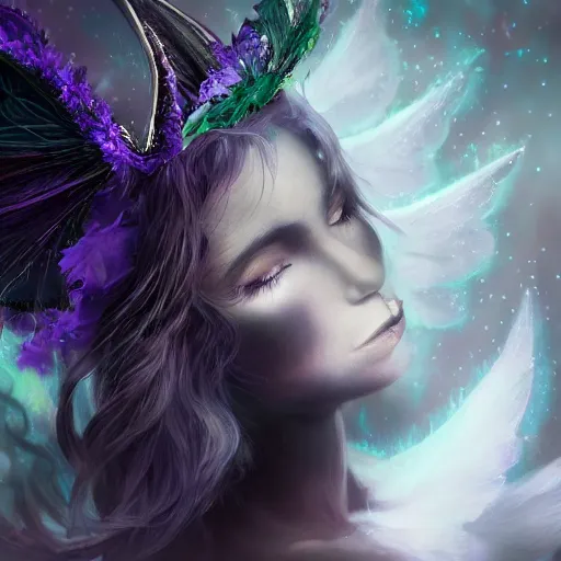 Prompt: detailed portrait of a dark fairy queen with wings, crown, pixie, iris, realism, emerald, galaxy, sapphire,dark purple crown,leaves, moonlit, dark fantasy, dramatic lighting, cgsociety, artstation